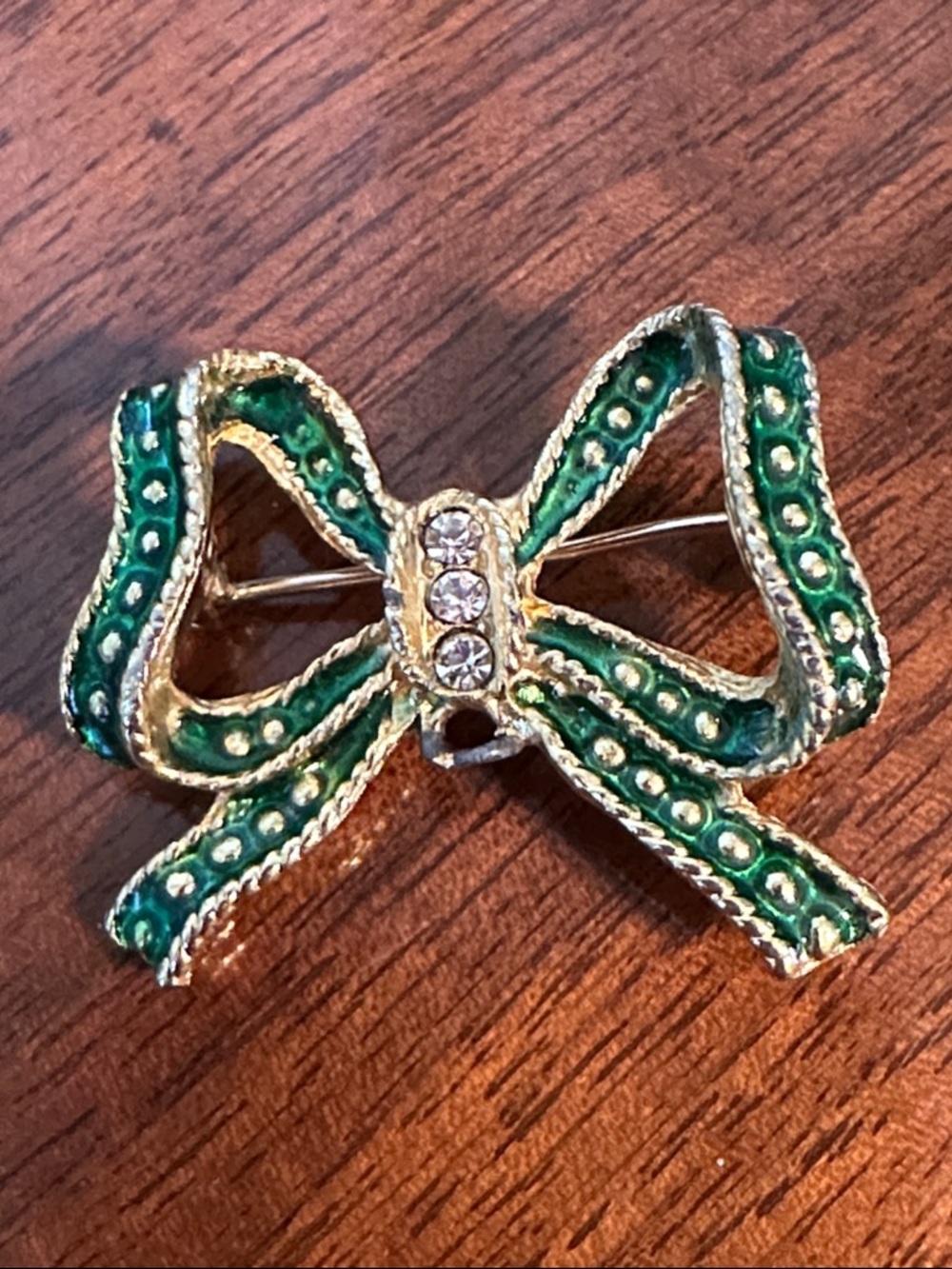 Vintage Green & Gold Tone Enamel Bow Brooch with Crystal Accents